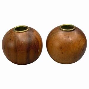 Oregon Myrtlewood Round Ball Candle Holders Pair MCM